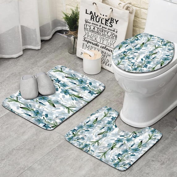 Pioneer Flower Floral Print Pattern Bathroom Rugs Sets 3 Piece,Toilet Cover Set,Absorbent Non Slip Bathroom Mats Sets with U-Shaped Contour Rug Toilet Rug Set