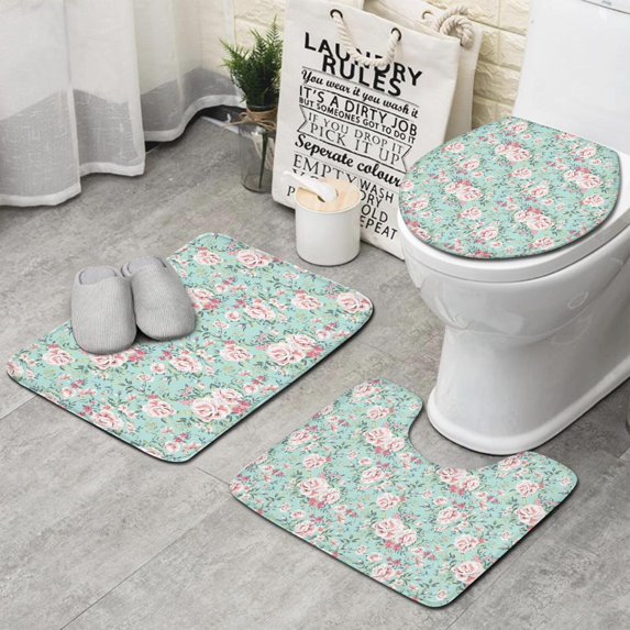 Pioneer Flower Floral Print Pattern Bathroom Rugs Sets 3 Piece,Toilet Cover Set,Absorbent Non Slip Bathroom Mats Sets with U-Shaped Contour Rug Toilet Rug Set
