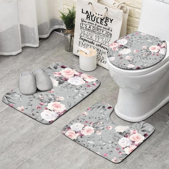 Pioneer Flower Floral Print Pattern Bathroom Rugs Sets 3 Piece,Toilet Cover Set,Absorbent Non Slip Bathroom Mats Sets with U-Shaped Contour Rug Toilet Rug Set