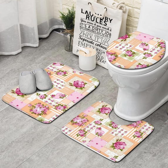 Pioneer Flower Floral Print Pattern Bathroom Rugs Sets 3 Piece,Toilet Cover Set,Absorbent Non Slip Bathroom Mats Sets with U-Shaped Contour Rug Toilet Rug Set
