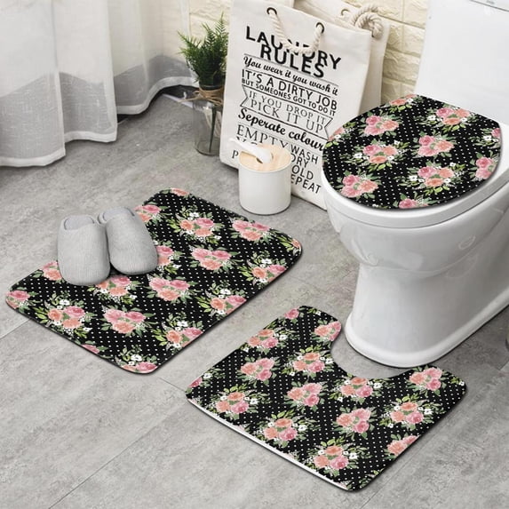 Pioneer Flower Floral Print Pattern Bathroom Rugs Sets 3 Piece,Toilet Cover Set,Absorbent Non Slip Bathroom Mats Sets with U-Shaped Contour Rug Toilet Rug Set