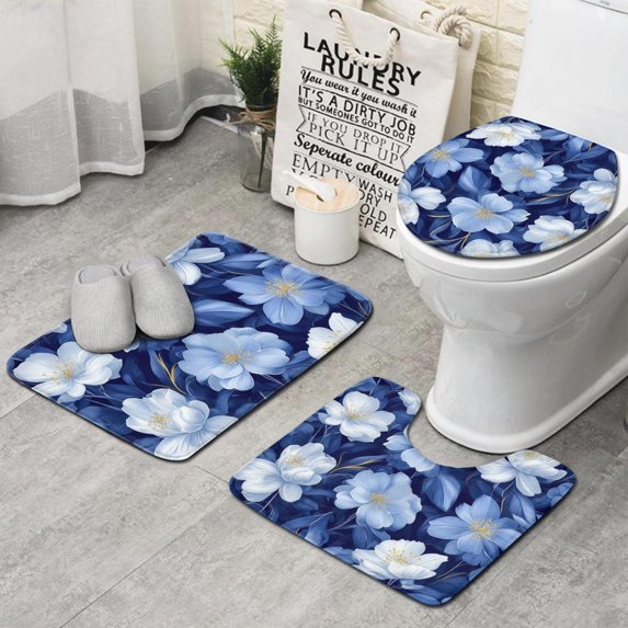 Pioneer Flower Floral Print Pattern Bathroom Rugs Sets 3 Piece,Toilet Cover Set,Absorbent Non Slip Bathroom Mats Sets with U-Shaped Contour Rug Toilet Rug Set