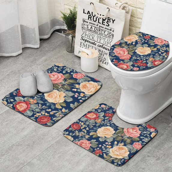 Pioneer Flower Floral Print Pattern Bathroom Rugs Sets 3 Piece,Toilet Cover Set,Absorbent Non Slip Bathroom Mats Sets with U-Shaped Contour Rug Toilet Rug Set
