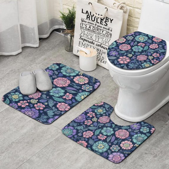 Pioneer Flower Floral Print Pattern Bathroom Rugs Sets 3 Piece,Toilet Cover Set,Absorbent Non Slip Bathroom Mats Sets with U-Shaped Contour Rug Toilet Rug Set