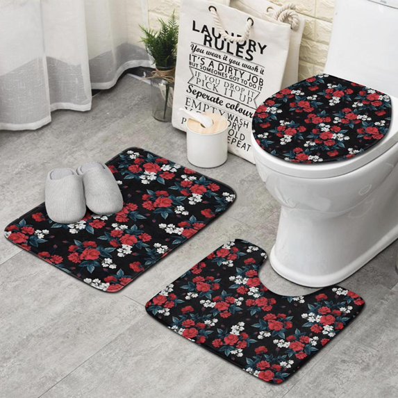 Pioneer Flower Floral Print Pattern Bathroom Rugs Sets 3 Piece,Toilet Cover Set,Absorbent Non Slip Bathroom Mats Sets with U-Shaped Contour Rug Toilet Rug Set