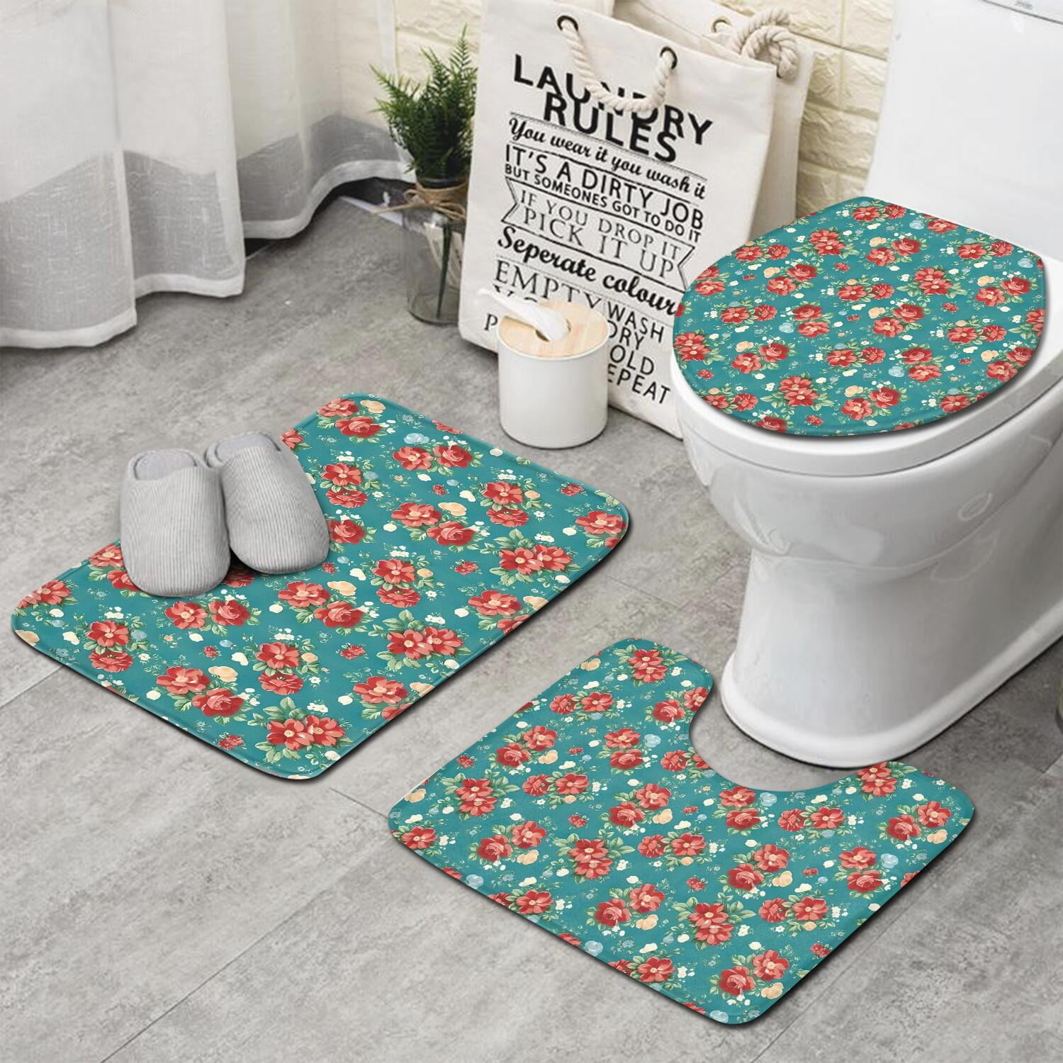 Pioneer Flower Floral Print Pattern Bathroom Rugs Sets 3 Piece,Toilet Cover Set,Absorbent Non Slip Bathroom Mats Sets with U-Shaped Contour Rug Toilet Rug Set