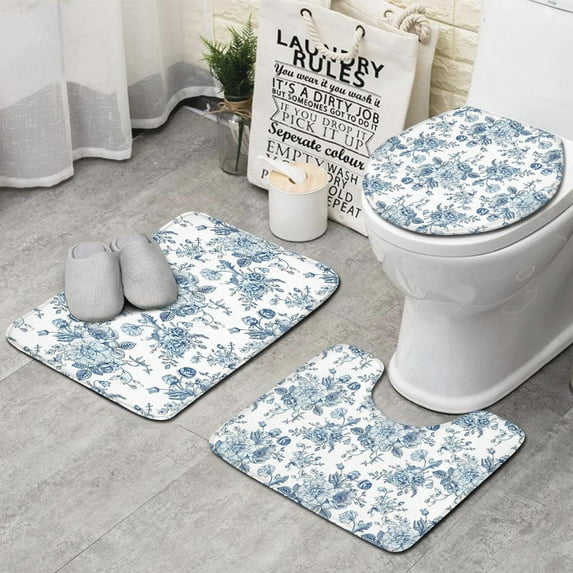 Pioneer Flower Floral Print Pattern Bathroom Rugs Sets 3 Piece,Toilet Cover Set,Absorbent Non Slip Bathroom Mats Sets with U-Shaped Contour Rug Toilet Rug Set
