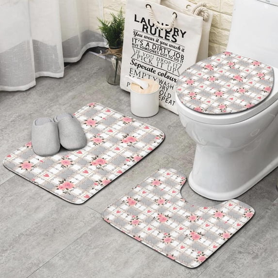 Pioneer Flower Floral Print Pattern Bathroom Rugs Sets 3 Piece,Toilet Cover Set,Absorbent Non Slip Bathroom Mats Sets with U-Shaped Contour Rug Toilet Rug Set