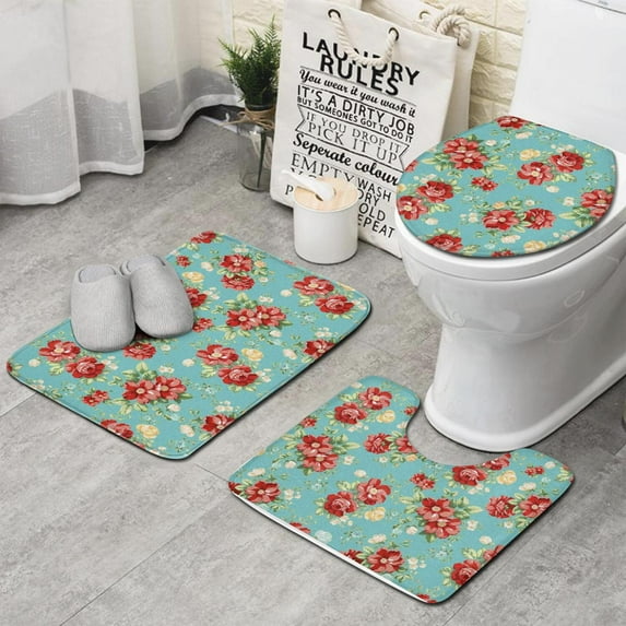 Pioneer Flower Floral Print Pattern Bathroom Rugs Sets 3 Piece,Toilet Cover Set,Absorbent Non Slip Bathroom Mats Sets with U-Shaped Contour Rug Toilet Rug Set