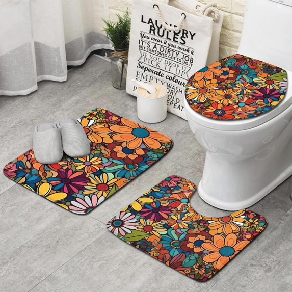 Pioneer Flower Floral Print Pattern Bathroom Rugs Sets 3 Piece,Toilet Cover Set,Absorbent Non Slip Bathroom Mats Sets with U-Shaped Contour Rug Toilet Rug Set