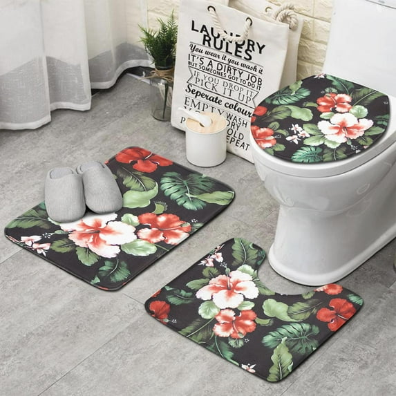 Pioneer Flower Floral Print Pattern Bathroom Rugs Sets 3 Piece,Toilet Cover Set,Absorbent Non Slip Bathroom Mats Sets with U-Shaped Contour Rug Toilet Rug Set