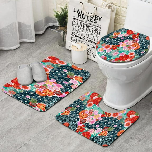 Pioneer Flower Floral Print Pattern Bathroom Rugs Sets 3 Piece,Toilet Cover Set,Absorbent Non Slip Bathroom Mats Sets with U-Shaped Contour Rug Toilet Rug Set