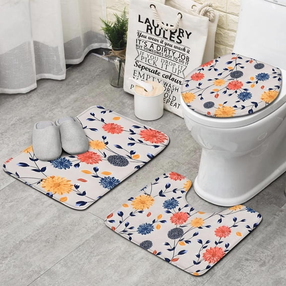 Pioneer Flower Floral Print Pattern Bathroom Rugs Sets 3 Piece,Toilet Cover Set,Absorbent Non Slip Bathroom Mats Sets with U-Shaped Contour Rug Toilet Rug Set