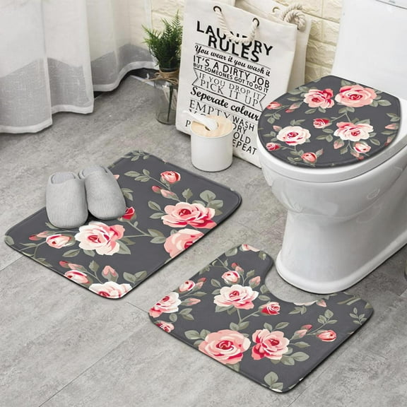 Pioneer Flower Floral Print Pattern Bathroom Rugs Sets 3 Piece,Toilet Cover Set,Absorbent Non Slip Bathroom Mats Sets with U-Shaped Contour Rug Toilet Rug Set