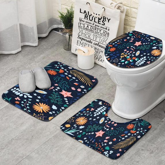 Pioneer Flower Floral Print Pattern Bathroom Rugs Sets 3 Piece,Toilet Cover Set,Absorbent Non Slip Bathroom Mats Sets with U-Shaped Contour Rug Toilet Rug Set