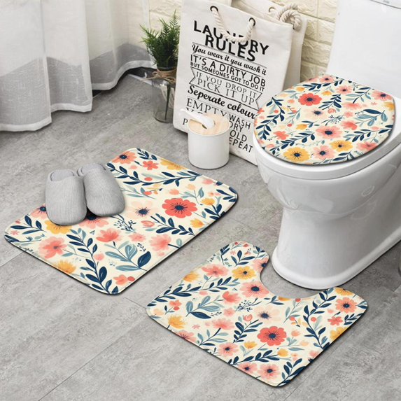 Pioneer Flower Floral Print Pattern Bathroom Rugs Sets 3 Piece,Toilet Cover Set,Absorbent Non Slip Bathroom Mats Sets with U-Shaped Contour Rug Toilet Rug Set