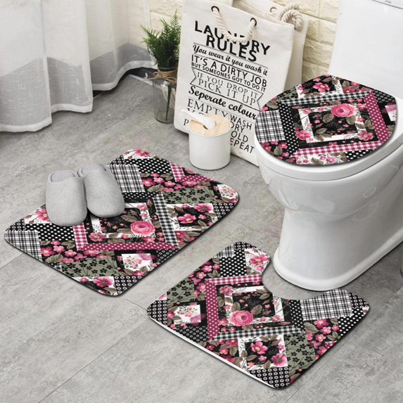 Pioneer Flower Floral Print Pattern Bathroom Rugs Sets 3 Piece,Toilet Cover Set,Absorbent Non Slip Bathroom Mats Sets with U-Shaped Contour Rug Toilet Rug Set