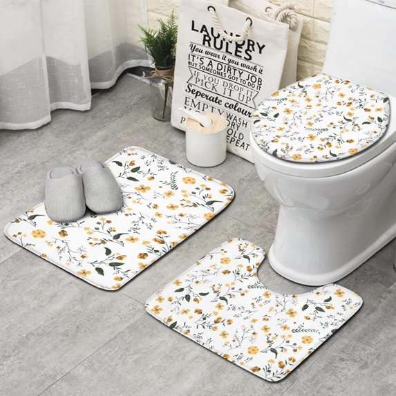 Pioneer Flower Floral Print Pattern Bathroom Rugs Sets 3 Piece,Toilet Cover Set,Absorbent Non Slip Bathroom Mats Sets with U-Shaped Contour Rug Toilet Rug Set