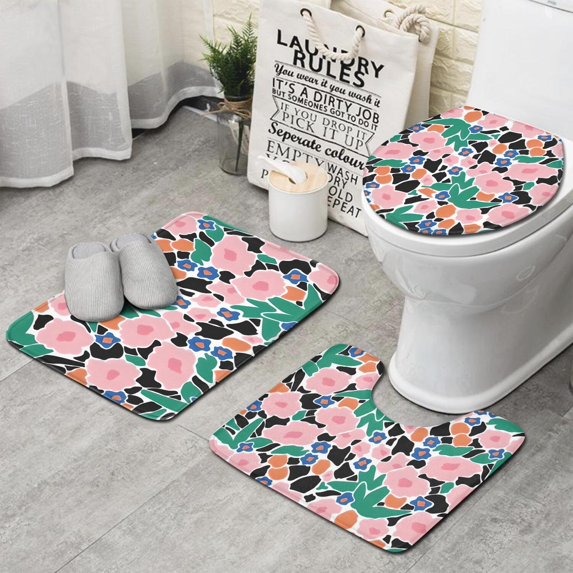 Pioneer Flower Floral Print Pattern Bathroom Rugs Sets 3 Piece,Toilet Cover Set,Absorbent Non Slip Bathroom Mats Sets with U-Shaped Contour Rug Toilet Rug Set