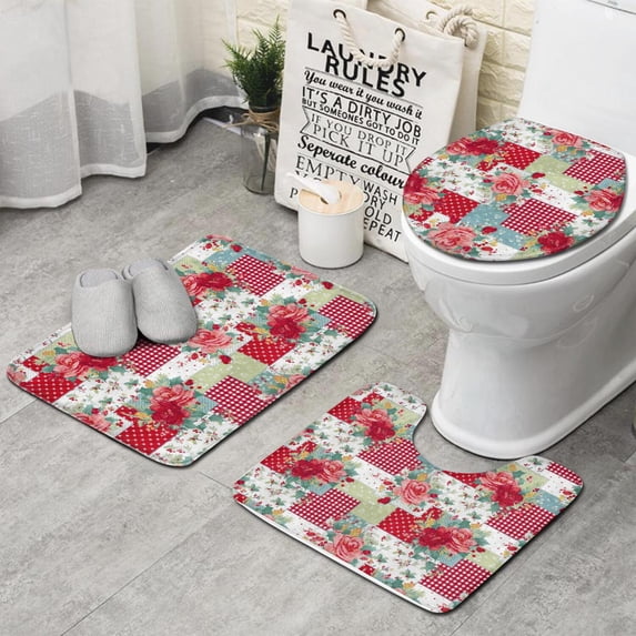 Pioneer Flower Floral Print Pattern Bathroom Rugs Sets 3 Piece,Toilet Cover Set,Absorbent Non Slip Bathroom Mats Sets with U-Shaped Contour Rug Toilet Rug Set