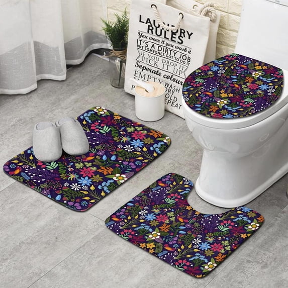 Pioneer Flower Floral Print Pattern Bathroom Rugs Sets 3 Piece,Toilet Cover Set,Absorbent Non Slip Bathroom Mats Sets with U-Shaped Contour Rug Toilet Rug Set