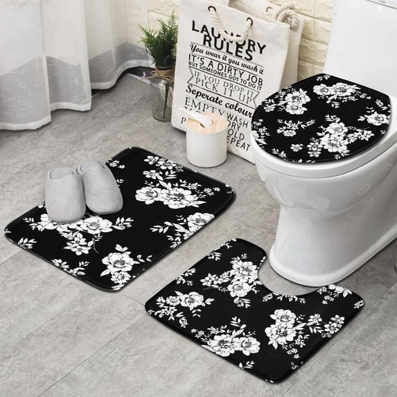 Pioneer Flower Floral Print Pattern Bathroom Rugs Sets 3 Piece,Toilet Cover Set,Absorbent Non Slip Bathroom Mats Sets with U-Shaped Contour Rug Toilet Rug Set