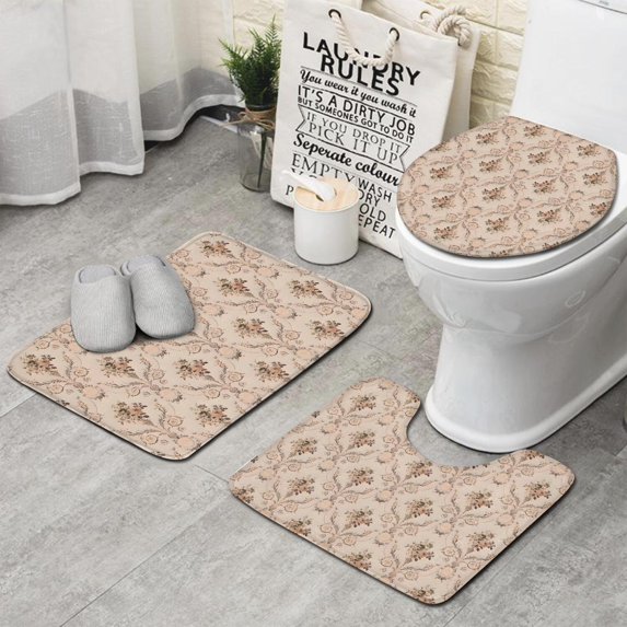 Pioneer Flower Floral Print Pattern Bathroom Rugs Sets 3 Piece,Toilet Cover Set,Absorbent Non Slip Bathroom Mats Sets with U-Shaped Contour Rug Toilet Rug Set