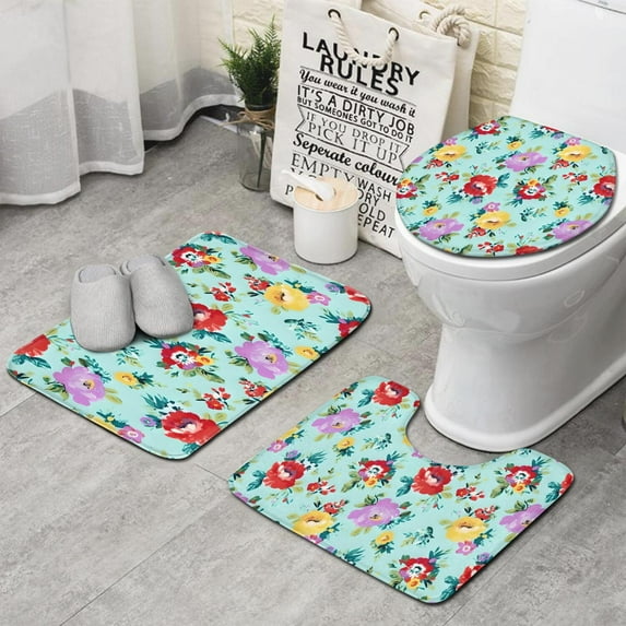 Pioneer Flower Floral Print Pattern Bathroom Rugs Sets 3 Piece,Toilet Cover Set,Absorbent Non Slip Bathroom Mats Sets with U-Shaped Contour Rug Toilet Rug Set