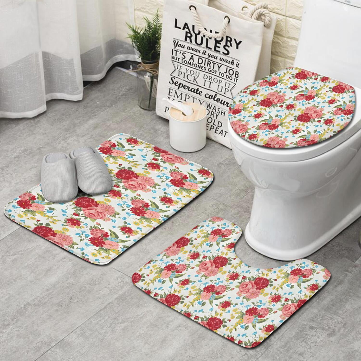 Pioneer Flower Floral Print Pattern Bathroom Rugs Sets 3 Piece,Toilet Cover Set,Absorbent Non Slip Bathroom Mats Sets with U-Shaped Contour Rug Toilet Rug Set