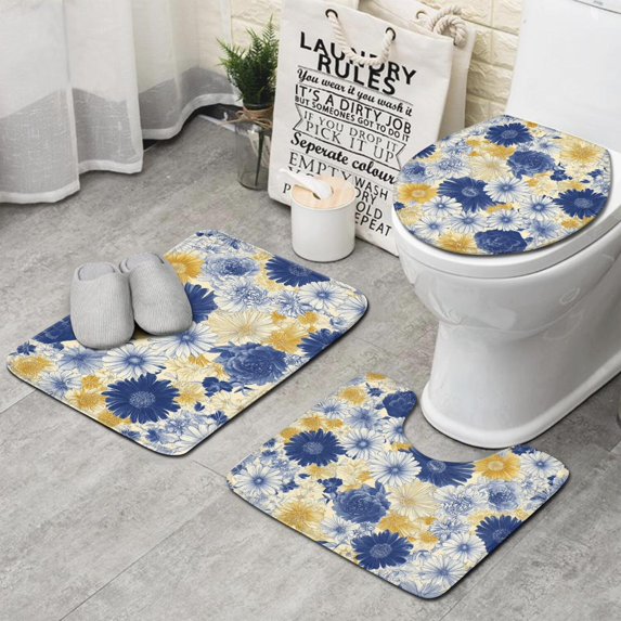 Pioneer Flower Floral Print Pattern Bathroom Rugs Sets 3 Piece,Toilet Cover Set,Absorbent Non Slip Bathroom Mats Sets with U-Shaped Contour Rug Toilet Rug Set