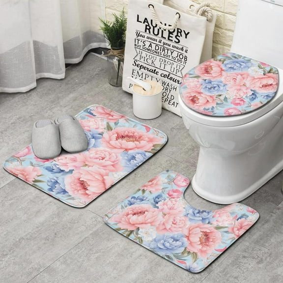 Pioneer Flower Floral Print Pattern Bathroom Rugs Sets 3 Piece,Toilet Cover Set,Absorbent Non Slip Bathroom Mats Sets with U-Shaped Contour Rug Toilet Rug Set