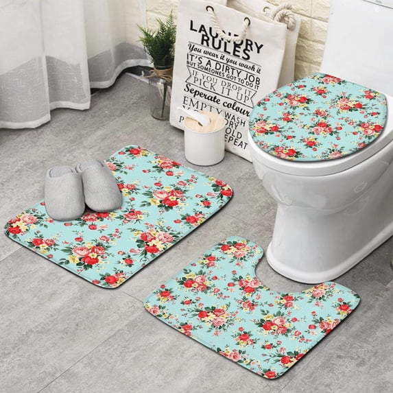 Pioneer Flower Floral Print Pattern Bathroom Rugs Sets 3 Piece,Toilet Cover Set,Absorbent Non Slip Bathroom Mats Sets with U-Shaped Contour Rug Toilet Rug Set