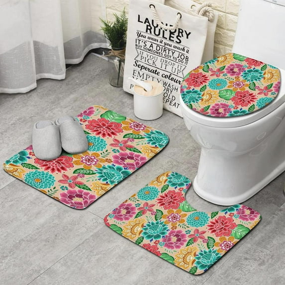 Pioneer Flower Floral Print Pattern Bathroom Rugs Sets 3 Piece,Toilet Cover Set,Absorbent Non Slip Bathroom Mats Sets with U-Shaped Contour Rug Toilet Rug Set