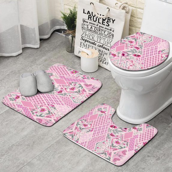 Pioneer Flower Floral Print Pattern Bathroom Rugs Sets 3 Piece,Toilet Cover Set,Absorbent Non Slip Bathroom Mats Sets with U-Shaped Contour Rug Toilet Rug Set