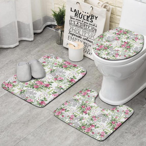 Pioneer Flower Floral Print Pattern Bathroom Rugs Sets 3 Piece,Toilet Cover Set,Absorbent Non Slip Bathroom Mats Sets with U-Shaped Contour Rug Toilet Rug Set