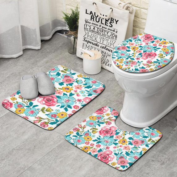 Pioneer Flower Floral Print Pattern Bathroom Rugs Sets 3 Piece,Toilet Cover Set,Absorbent Non Slip Bathroom Mats Sets with U-Shaped Contour Rug Toilet Rug Set