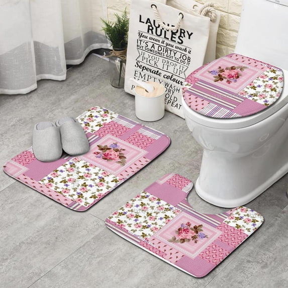 Pioneer Flower Floral Print Pattern Bathroom Rugs Sets 3 Piece,Toilet Cover Set,Absorbent Non Slip Bathroom Mats Sets with U-Shaped Contour Rug Toilet Rug Set