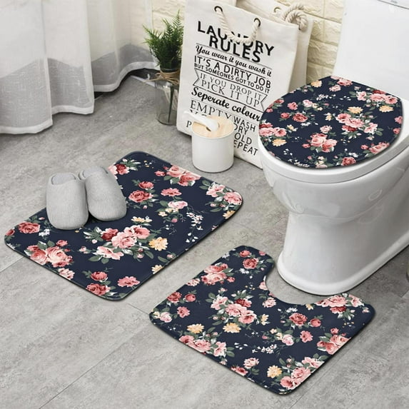 Pioneer Flower Floral Print Pattern Bathroom Rugs Sets 3 Piece,Toilet Cover Set,Absorbent Non Slip Bathroom Mats Sets with U-Shaped Contour Rug Toilet Rug Set