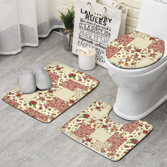 Pioneer Flower Floral Print Pattern Bathroom Rugs Sets 3 Piece,Toilet Cover Set,Absorbent Non Slip Bathroom Mats Sets with U-Shaped Contour Rug Toilet Rug Set