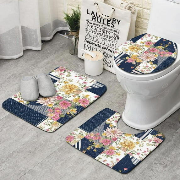 Pioneer Flower Floral Print Pattern Bathroom Rugs Sets 3 Piece,Toilet Cover Set,Absorbent Non Slip Bathroom Mats Sets with U-Shaped Contour Rug Toilet Rug Set