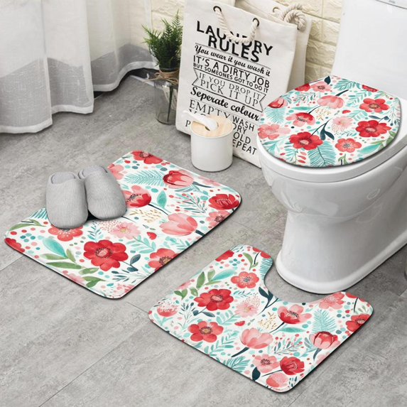 Pioneer Flower Floral Print Pattern Bathroom Rugs Sets 3 Piece,Toilet Cover Set,Absorbent Non Slip Bathroom Mats Sets with U-Shaped Contour Rug Toilet Rug Set