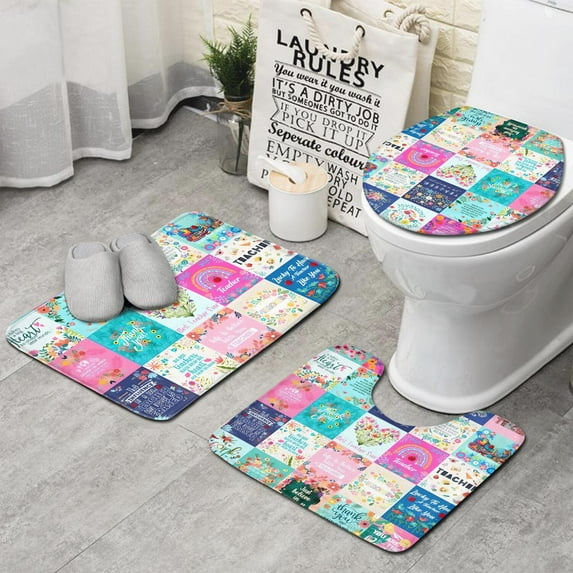 Pioneer Flower Floral Print Pattern Bathroom Rugs Sets 3 Piece,Toilet Cover Set,Absorbent Non Slip Bathroom Mats Sets with U-Shaped Contour Rug Toilet Rug Set