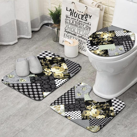 Pioneer Flower Floral Print Pattern Bathroom Rugs Sets 3 Piece,Toilet Cover Set,Absorbent Non Slip Bathroom Mats Sets with U-Shaped Contour Rug Toilet Rug Set