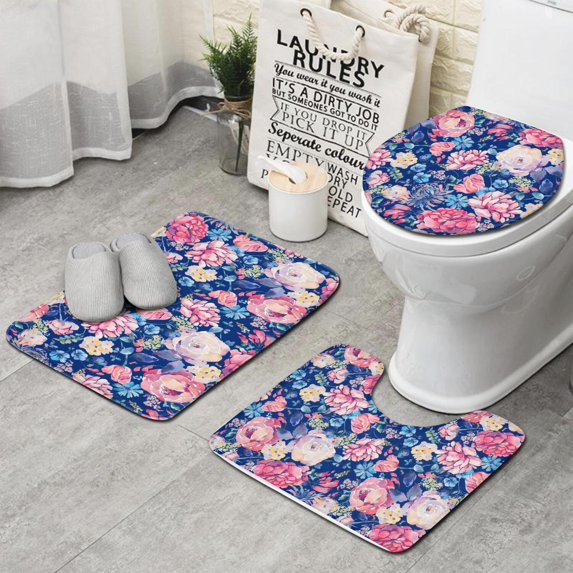 Pioneer Flower Floral Print Pattern Bathroom Rugs Sets 3 Piece,Toilet Cover Set,Absorbent Non Slip Bathroom Mats Sets with U-Shaped Contour Rug Toilet Rug Set