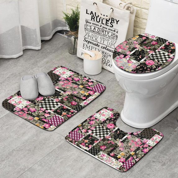 Pioneer Flower Floral Print Pattern Bathroom Rugs Sets 3 Piece,Toilet Cover Set,Absorbent Non Slip Bathroom Mats Sets with U-Shaped Contour Rug Toilet Rug Set