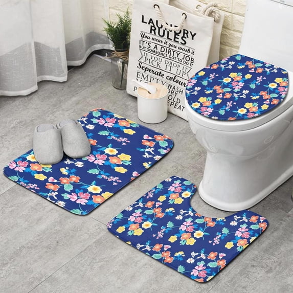 Pioneer Flower Floral Print Pattern Bathroom Rugs Sets 3 Piece,Toilet Cover Set,Absorbent Non Slip Bathroom Mats Sets with U-Shaped Contour Rug Toilet Rug Set