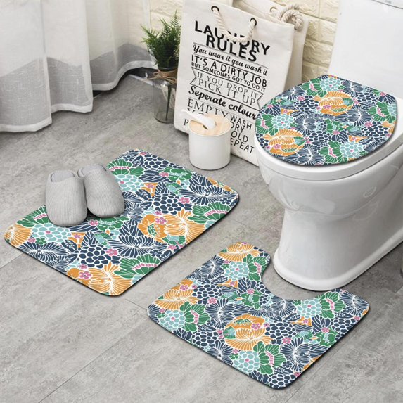 Pioneer Flower Floral Print Pattern Bathroom Rugs Sets 3 Piece,Toilet Cover Set,Absorbent Non Slip Bathroom Mats Sets with U-Shaped Contour Rug Toilet Rug Set