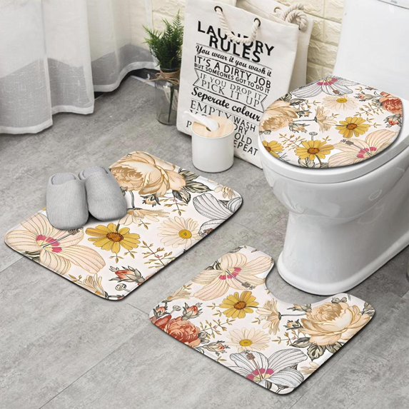 Pioneer Flower Floral Print Pattern Bathroom Rugs Sets 3 Piece,Toilet Cover Set,Absorbent Non Slip Bathroom Mats Sets with U-Shaped Contour Rug Toilet Rug Set