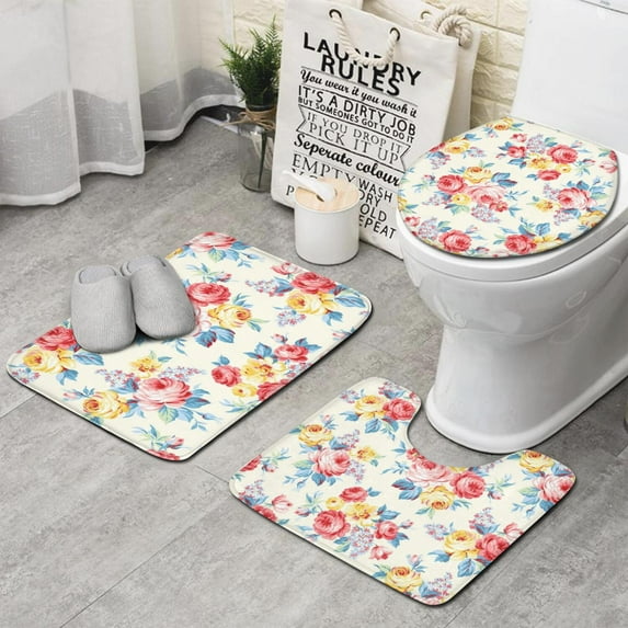 Pioneer Flower Floral Print Pattern Bathroom Rugs Sets 3 Piece,Toilet Cover Set,Absorbent Non Slip Bathroom Mats Sets with U-Shaped Contour Rug Toilet Rug Set