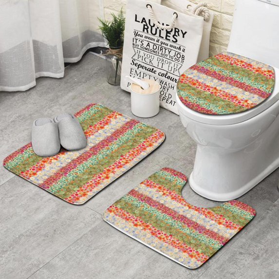 Pioneer Flower Floral Print Pattern Bathroom Rugs Sets 3 Piece,Toilet Cover Set,Absorbent Non Slip Bathroom Mats Sets with U-Shaped Contour Rug Toilet Rug Set